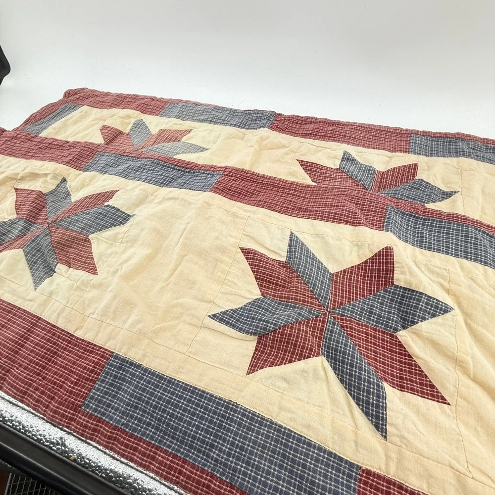 Vintage Quilted Quilt Wall Hangings Set of 2 Red Blue Tan Star Patchwork